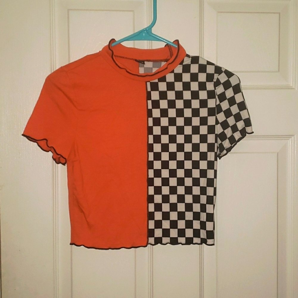 Shein Orange and Checker Pattern Mock Neck Lettuce Trim Crop Top